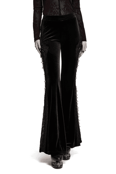Black Gothic Velvet Flared Pants with Lace Panels