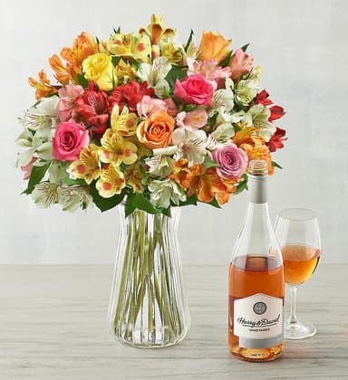 Blossoms & Wine™ - Assorted Roses, Lilies, and Wine