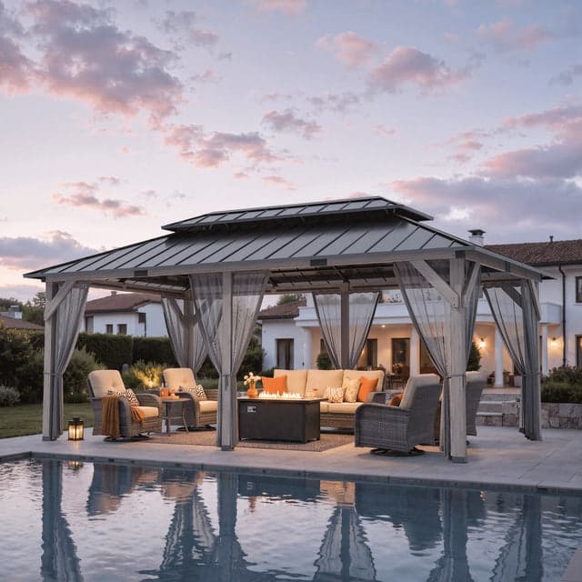 OVIOS Hardtop Gazebo for Backyard Wood Look Outdoor Patio Gazebo with Bug Netting