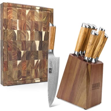 5x8-Piece Damascus Knife Set with Solid Wood Cutting Board