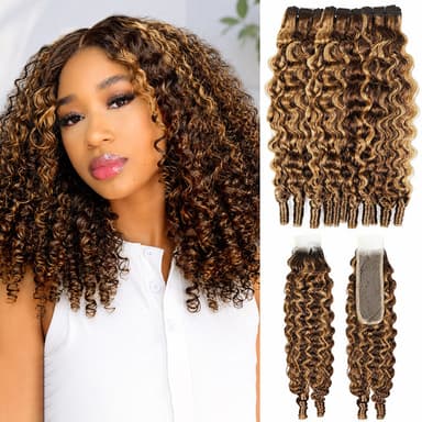 Ishow Hair 2x6 Closure With Human Hair Bundles P4/27 Color Burmese Curly Hair Weave With Deep Part Closure