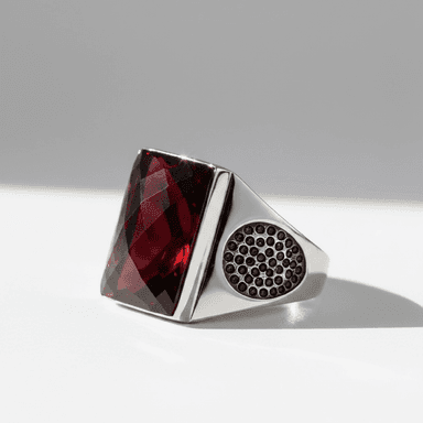 Men’s Garnet Ring, Geometric Red Gemstone with Pave Side Detail