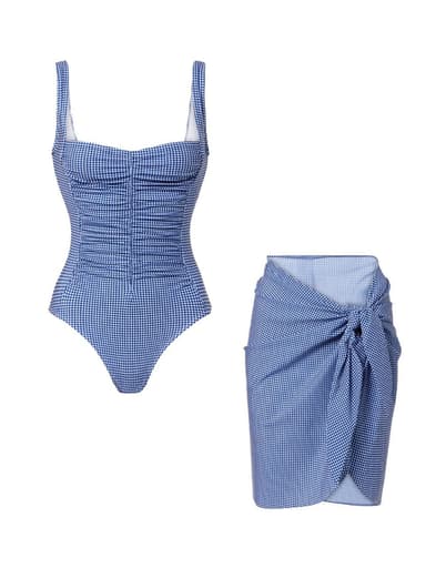 Women’s Blue Plaid Ruched One-Piece Swimsuit and Tie-Side Mini Sarong Cover-Up Set