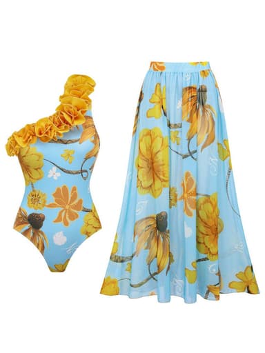 Women’s Light Blue Floral Print One-Shoulder One Piece with Yellow Ruffle and Long Skirt Set