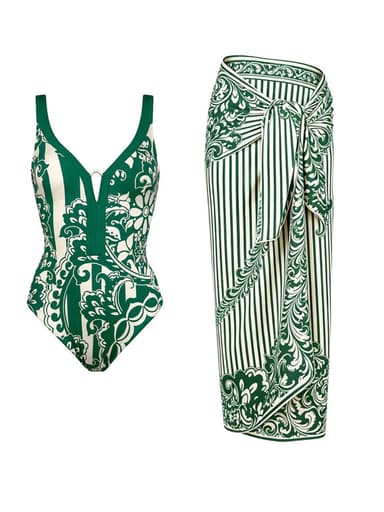 2PS Women’s Green and White Paisley Tile Print V-Neck Swimsuit and Stripe Sarong Set