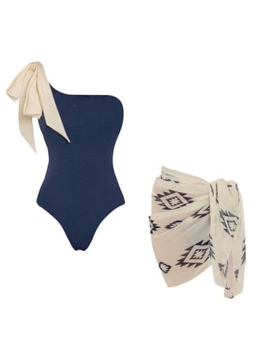 2PS Navy Blue One Shoulder Tie-Bow Swimwear with Tribal Print Sarong Cover-Up Set