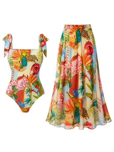 Colorful Tropical Floral One-Piece Swimwear with Tie Strap and Chiffon Maxi Skirt Set