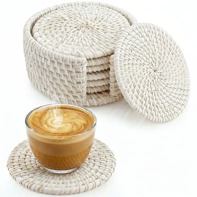 Handmade Natural Rattan Coaster Set (6 Piece + Holder) • Whitewash