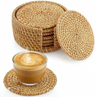 Handmade Natural Rattan Coaster Set (6 Piece + Holder) • Natural Honey