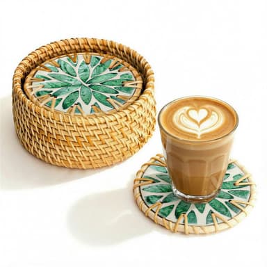 Handmade Natural Rattan & Mother of Pearl Coaster Set (6 Piece + Holder) • Everglade