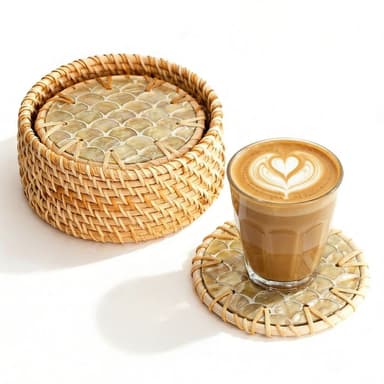 Handmade Natural Rattan & Mother of Pearl Coaster Set (6 Piece + Holder) • Cascade Light