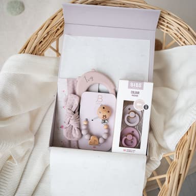 JBØRN Baby Girl Accessories Gift Set | BIBS Pacifiers & Matching Clip, Headband & Personalized teether