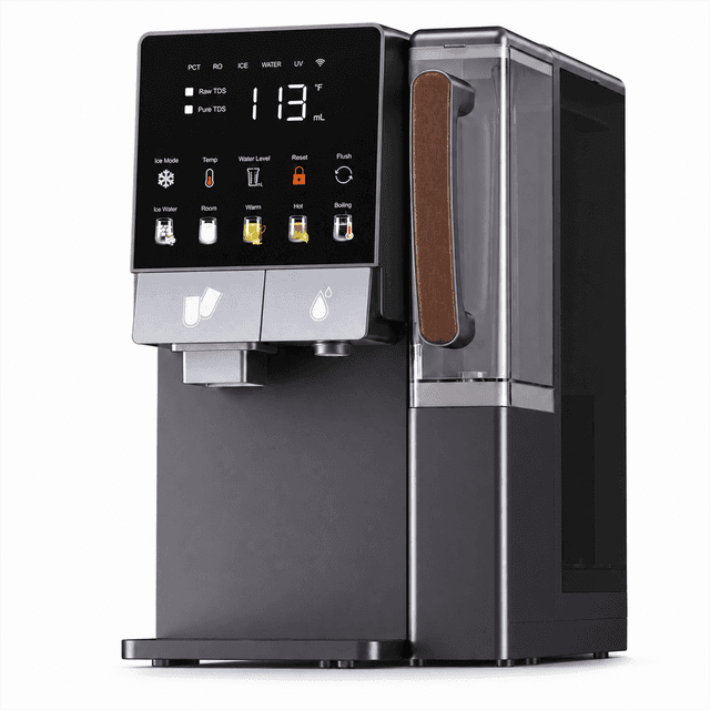 Countertop Water Dispenser with Ice Maker, All-in-1 Instant Hot & Cold Water Purifier Combo with Sr-Enriched Mineral Filtration, 8-Min Fast Bullet Ice Maker, Fu