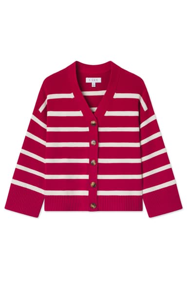 Nora Cardigan in Ivory Crimson Inverse Stripe