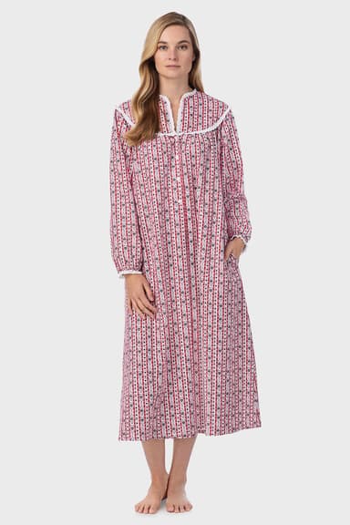Women's Red Tyrolean Stripe 100% Cotton Brushed Flannel Long Sleeve Nightgown