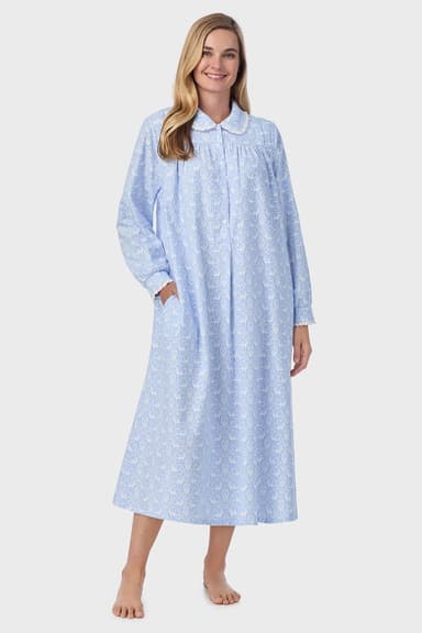 Women's Blue Nordic Tyrolean 100% Cotton Brushed Flannel Peter Pan Collar Long Sleeve Nightgown