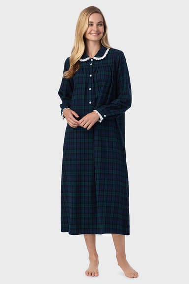 Women's Black Watch Plaid 100% Cotton Brushed Flannel Peter Pan Collar Long Sleeve Nightgown