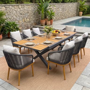 LayinSun 9-Piece Extendable 60"-82" Patio Dining Table with Wicker Rope Dining Chair Set