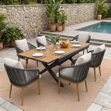 LayinSun 7-Piece Extendable 60"-82" Patio Dining Table with Wicker Rope Dining Chair Set
