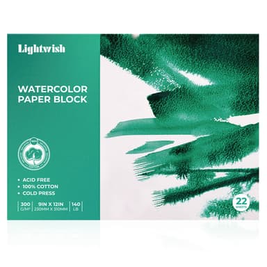 LIGHTWISH 100% Cotton Cold Press Watercolor Paper – 9×12", 300gsm, 22 Sheets