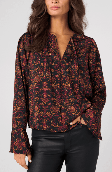 LONG SLEEVE BAND COLLAR WOVEN TOP W/ PINTUCK