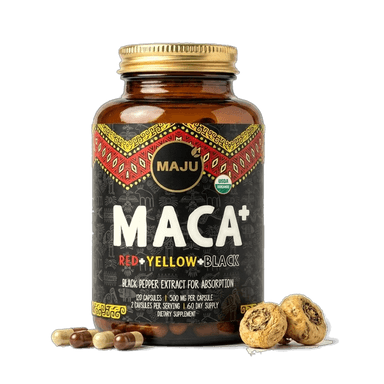 Organic Maca Capsules 120ct — MAJU Red, Yellow & Black Root + Black Pepper