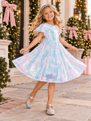 Holiday Sparkle Pink Bow Sequin Dress