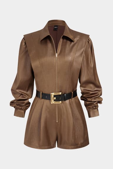 Textured Belted Zipper Long Sleeve Romper