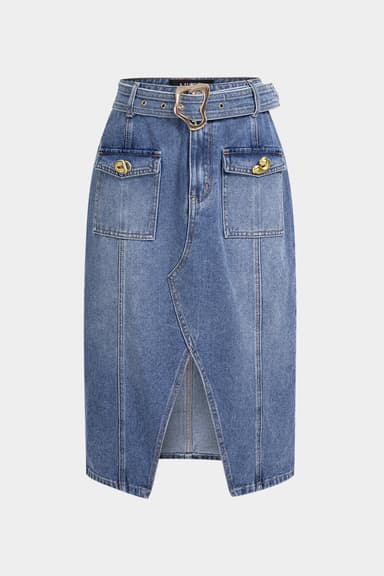 Denim Belted Pocket Metallic Slit Skirt