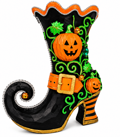 Pumpkin Hollow Witch Boot | Hand-Painted Bedazzled Halloween Floral Container – First Release, Only 10 Available