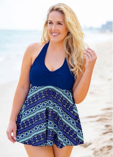 Plus Size Geometric Print Halter Swimdress and Shorts