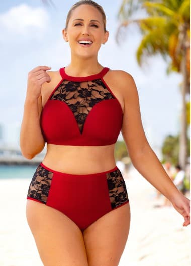 Plus Size Lace Stitching High Waisted Bikini Set