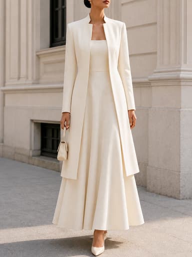 Stand‑Collar Long Open Coat & Flared Maxi‑Dress Two‑Piece Crepe Co‑Ord Set