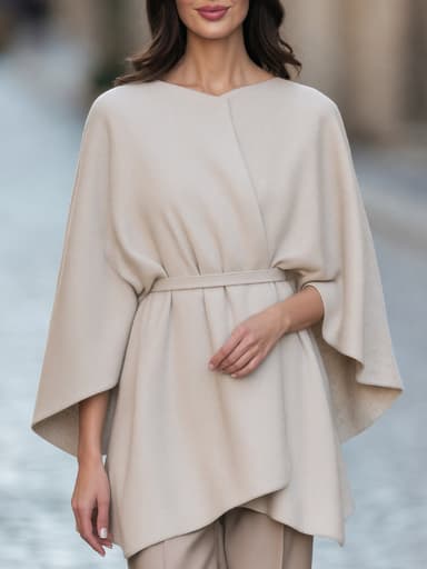 Women's Belted Wool-Blend Poncho Cape with V-Neck