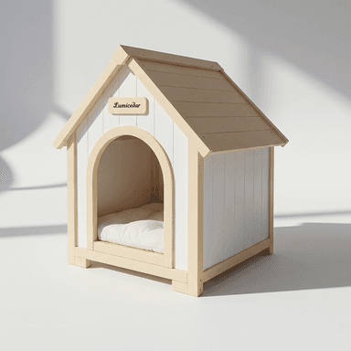 Modern Wooden Dog & Cat House with EVA Cushion - Cream & Yellow