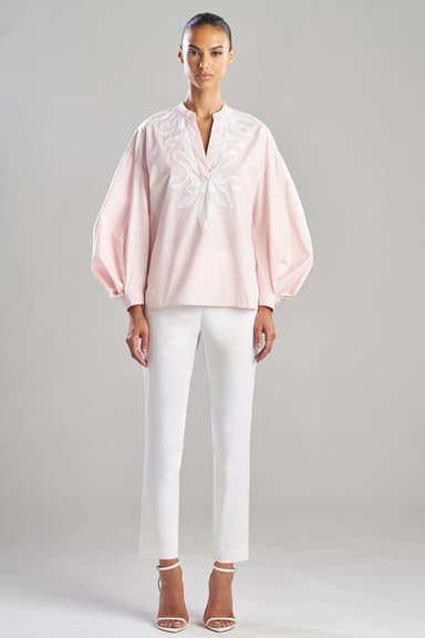 Cotton Taffeta Poet Sleeve Embroidered Blouse