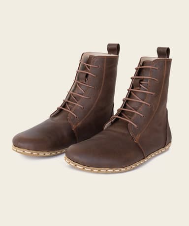 Barefoot Leather Lace-up Crazy Classic Brown Boots for Women - No Zipper!