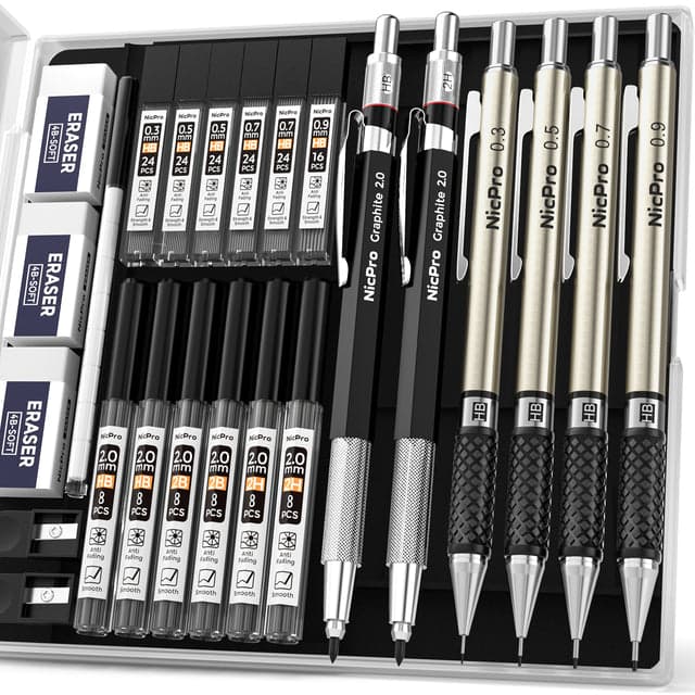 Nicpro 6PCS Art Mechanical Pencil Set, 4 PCS Metal Drafting Pencil 0.3mm & 0.5 mm & 0.7 mm & 0.9 mm & 2 PCS 2mm Lead Holder (2B HB 2H) For Sketching Drawing Wit