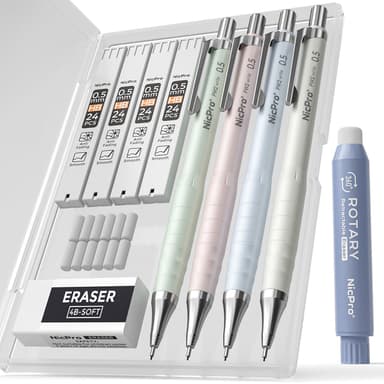 Nicpro Cute Mechanical Pencil Set, 4PCS 0.5mm Pastel Drafting Pencils with 4 Tube HB Lead Refills, 4B Erasers, Rotary Retractable Eraser and Eraser Refill for W