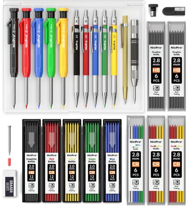 Nicpro 27 Pack Carpenter Pencils for Woodworking, Construction Mechanical Pencil with 100 Refill, Automatic Center Punch and Carbide Scribe Carpenter Tool, Cons