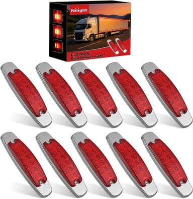 6.3 Inch Red Rectangle Side Marker Light with High Low Strobe | 12 LED IP67 Waterproof Chrome Bezel 12V Surface Mount Marker & Clearance Light Fits Pickup Truck