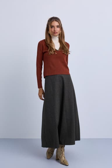 V Neck Design Top With Contrast Piping and High Neck Insert - Rust