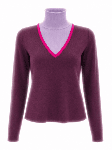 V Neck Design Top With Contrast Piping and High Neck Insert - Purple