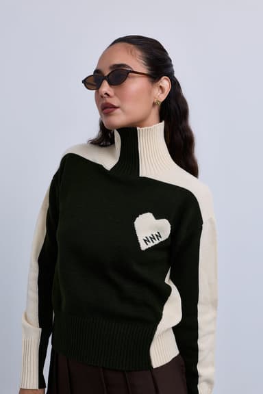 Two Tone High Neck Jumper with Side Chest Heart Design - Green Ivory
