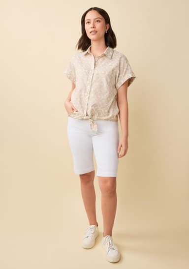 Tie-Front Textured Button-Up Shirt