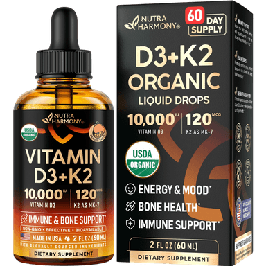 USDA Organic D3 10,000 IU & K2 120 mcg | Immunity & Bone Support Liquid Drops