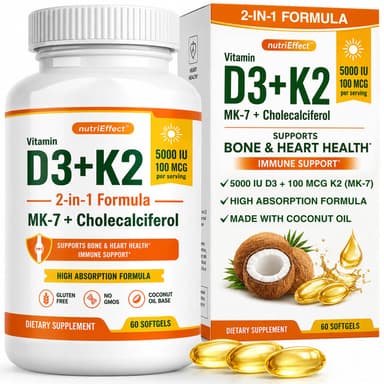 nutriEffect® Vitamin D3 K2 Supplement 5000 IU + MK-7 – Bone, Heart & Immune Support | 60 Softgels