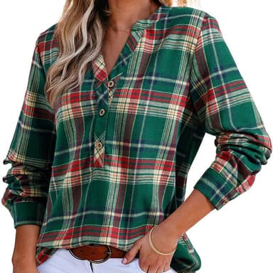 Thoughnet Plaid V-Neck Blouse Shirt