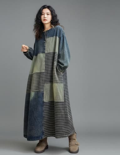 Women's Plus Size Denim Patch Casual Loose Long Dress Robe