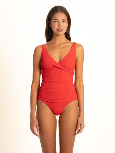 Ribbed Ruched Wrap Tankini Top - Ruby